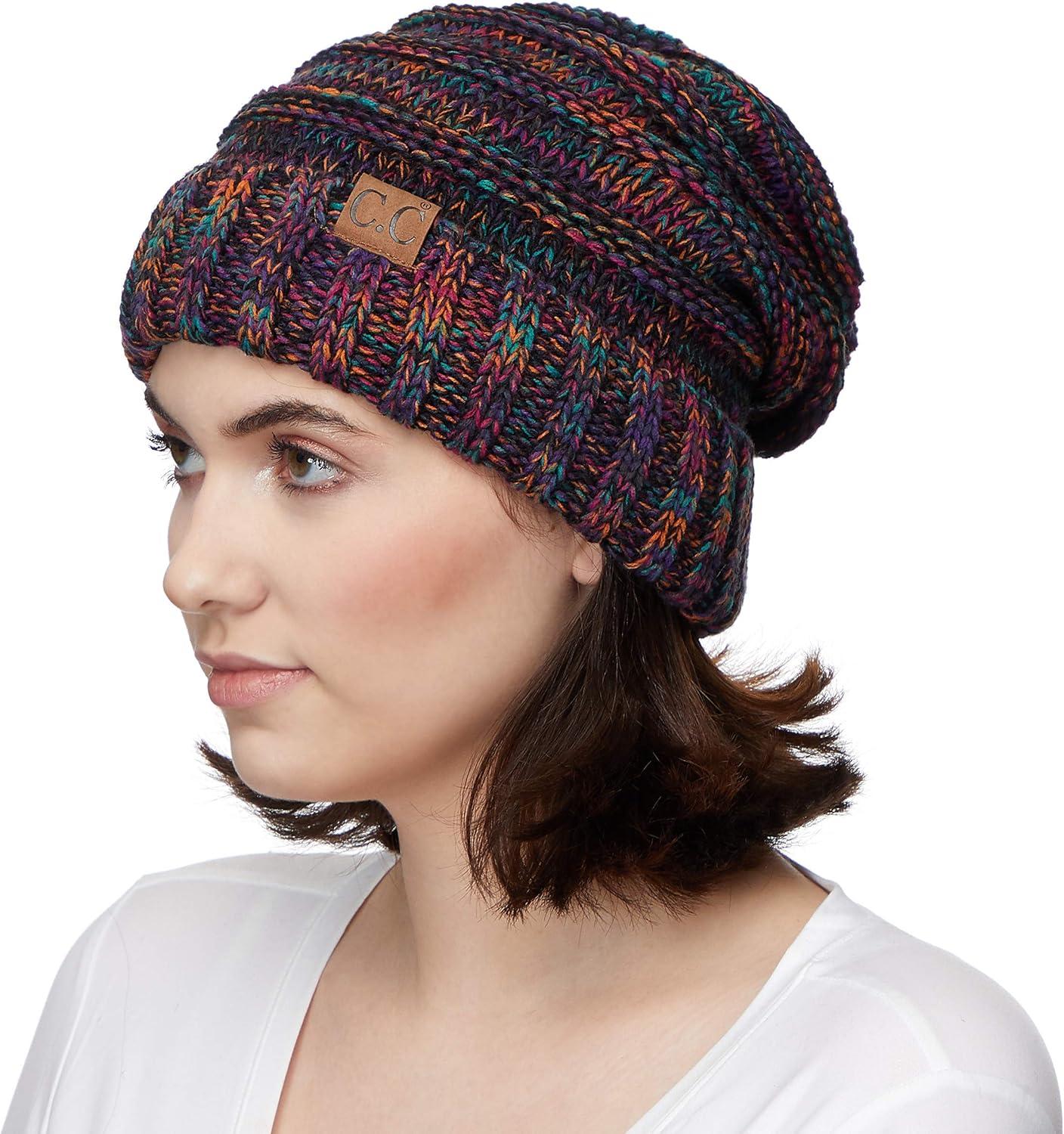 imageCC Hat100 Oversized Baggy Slouch Thick Warm Cap Hat Skully Cable Knit BeanieBlack Multi
