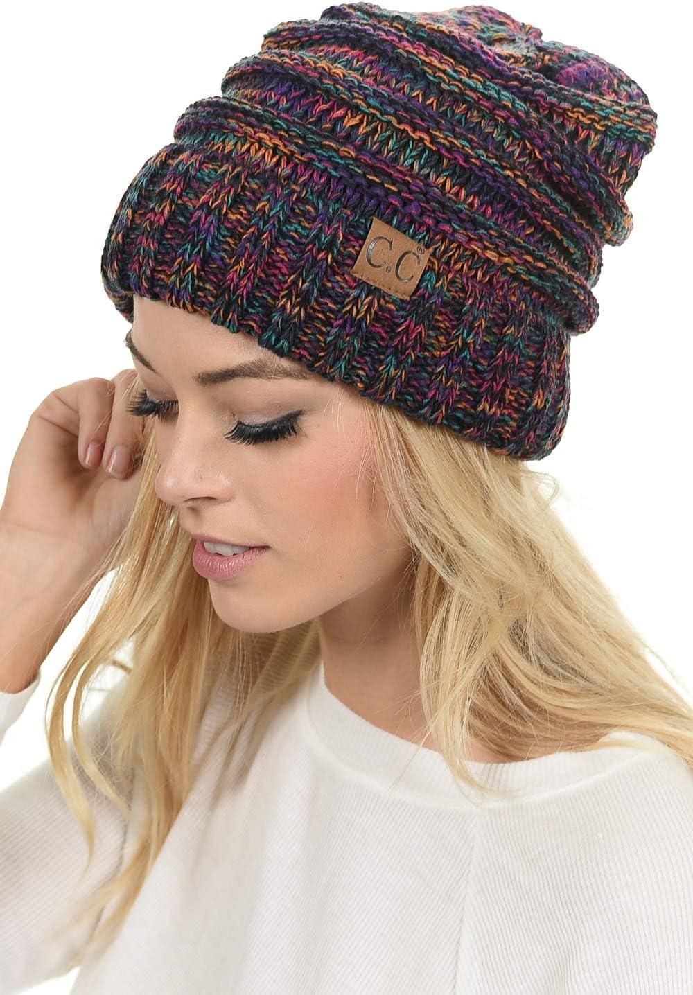 imageCC Hat100 Oversized Baggy Slouch Thick Warm Cap Hat Skully Cable Knit BeanieBlack Multi Mix