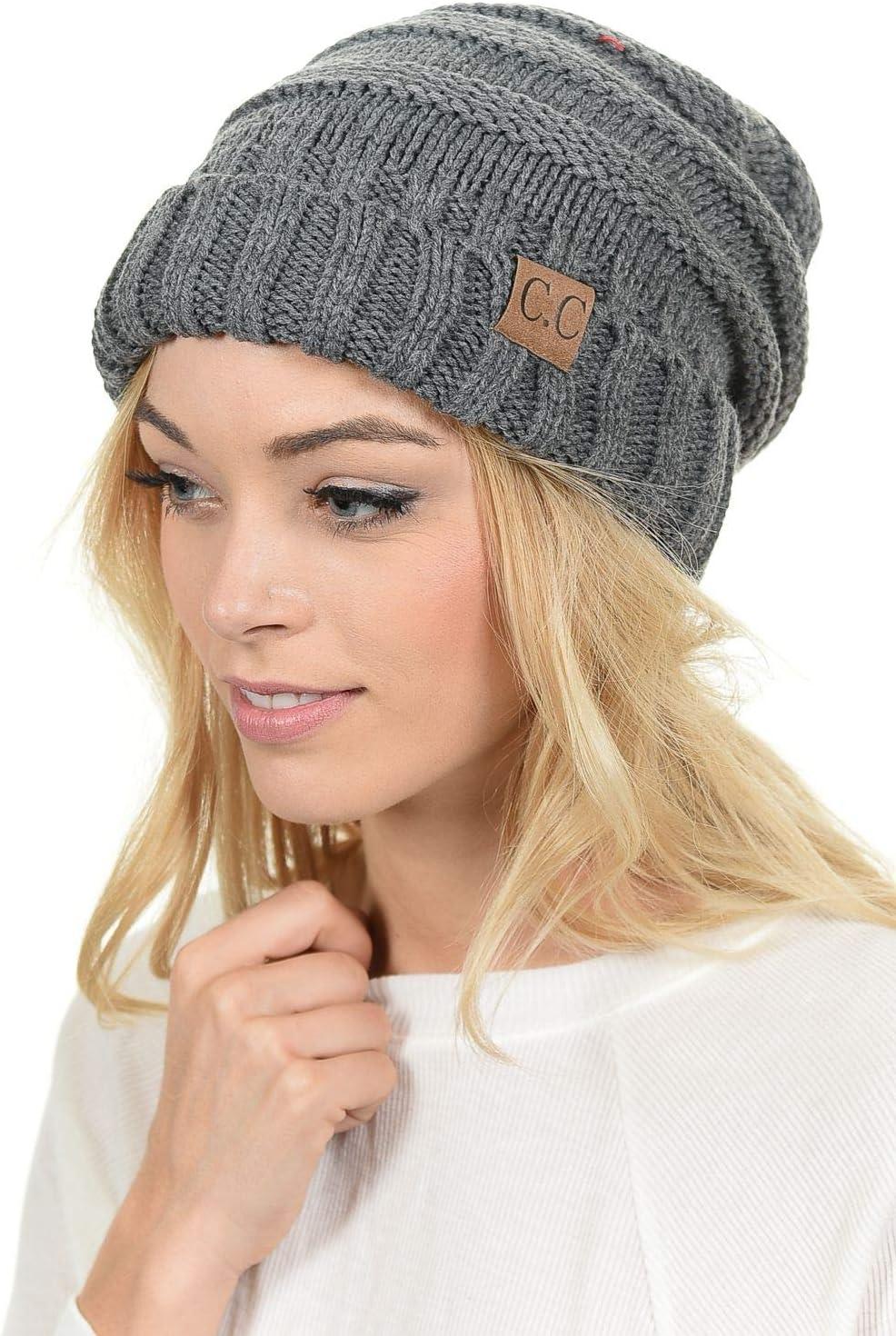 imageCC Hat100 Oversized Baggy Slouch Thick Warm Cap Hat Skully Cable Knit BeanieLight Melange