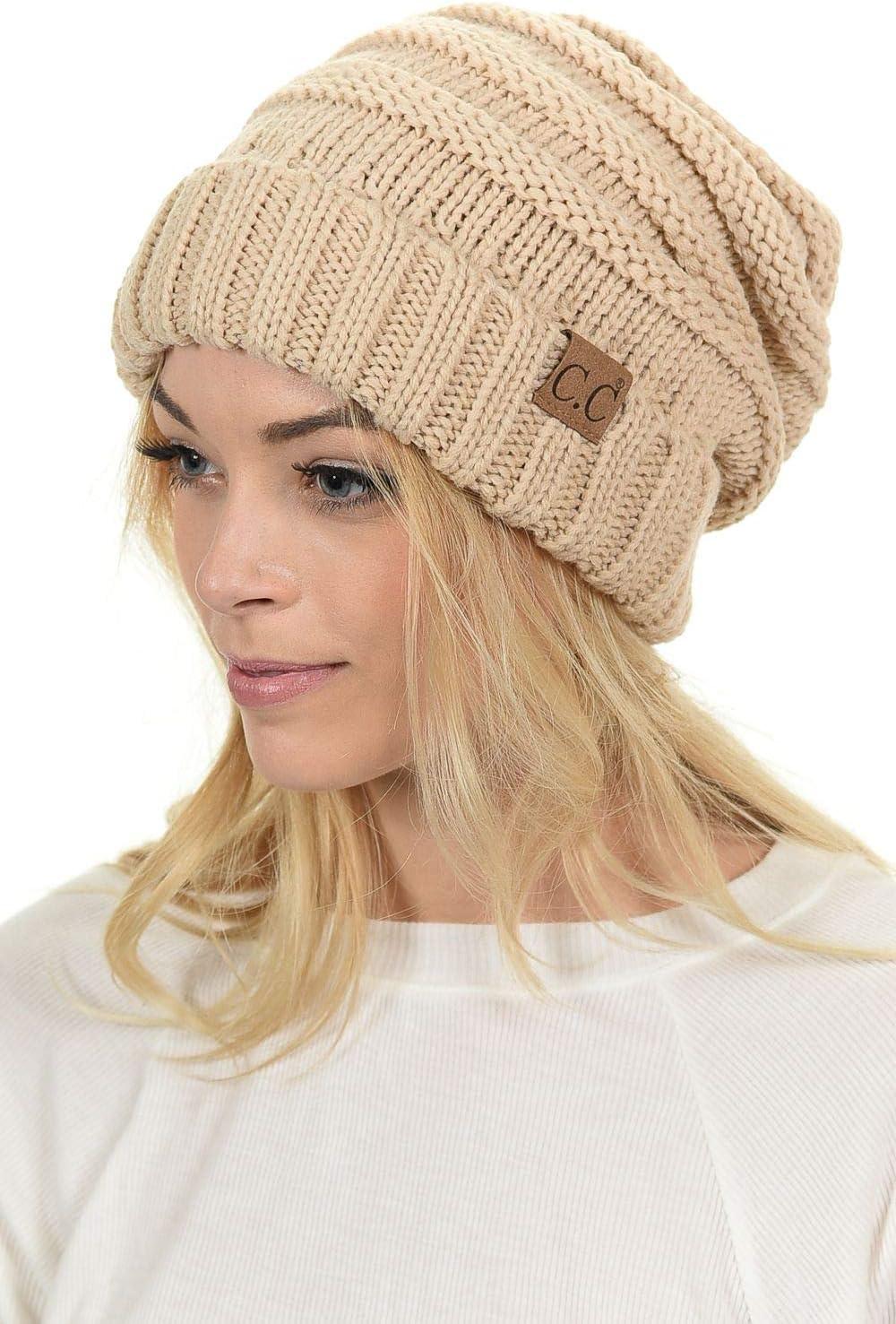 imageCC Hat100 Oversized Baggy Slouch Thick Warm Cap Hat Skully Cable Knit BeanieNew Beige