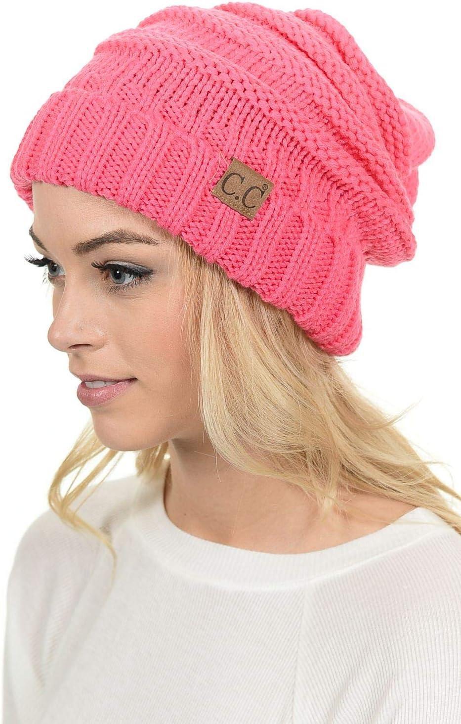 imageCC Hat100 Oversized Baggy Slouch Thick Warm Cap Hat Skully Cable Knit BeanieNew Candy Pink