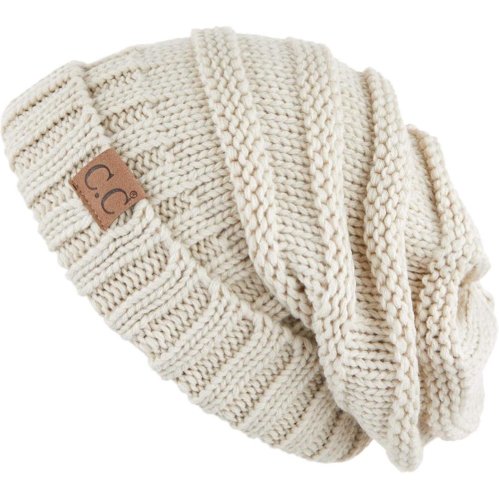 imageCC Hat100 Oversized Baggy Slouch Thick Warm Cap Hat Skully Cable Knit BeanieBeige Solid