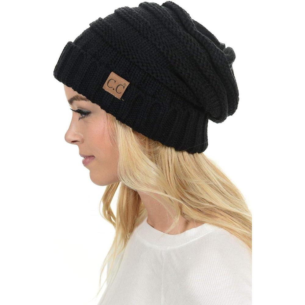 imageCC Hat100 Oversized Baggy Slouch Thick Warm Cap Hat Skully Cable Knit BeanieBlack