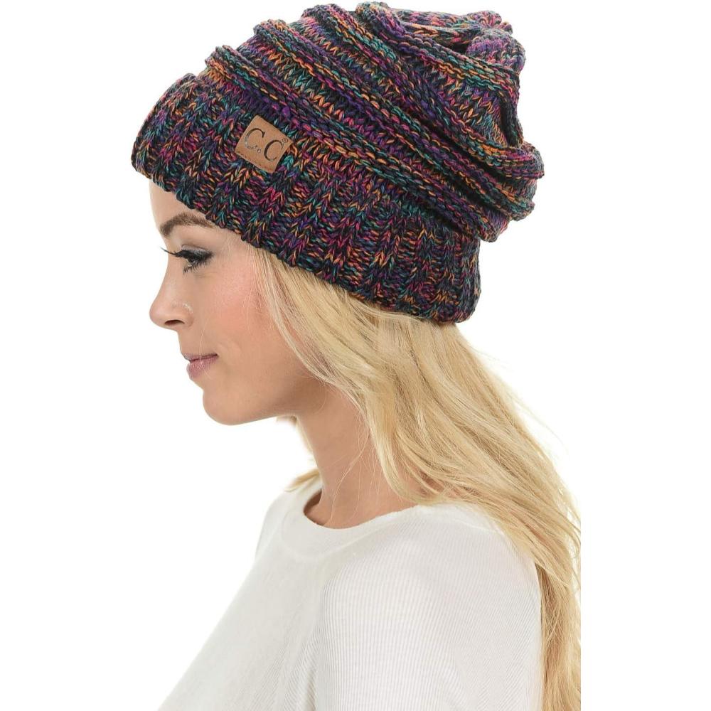 imageCC Hat100 Oversized Baggy Slouch Thick Warm Cap Hat Skully Cable Knit BeanieBlack Multi Mix