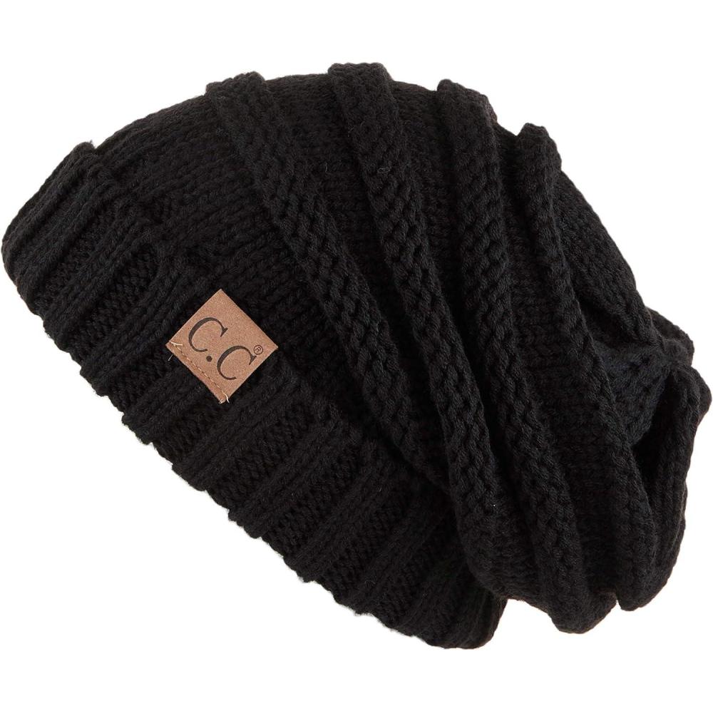 imageCC Hat100 Oversized Baggy Slouch Thick Warm Cap Hat Skully Cable Knit BeanieBlack Solid