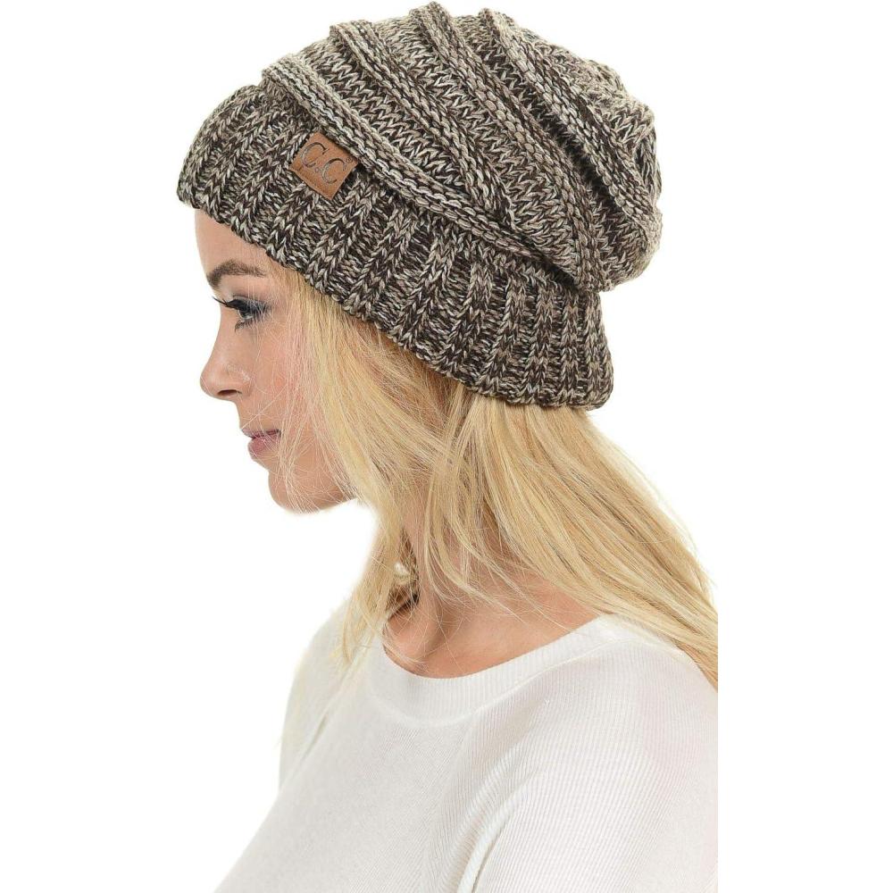imageCC Hat100 Oversized Baggy Slouch Thick Warm Cap Hat Skully Cable Knit BeanieBrown Mix
