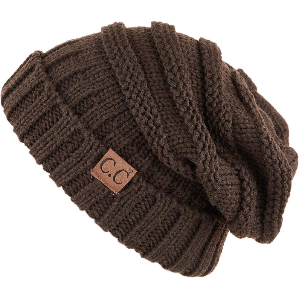 imageCC Hat100 Oversized Baggy Slouch Thick Warm Cap Hat Skully Cable Knit BeanieBrown Solid