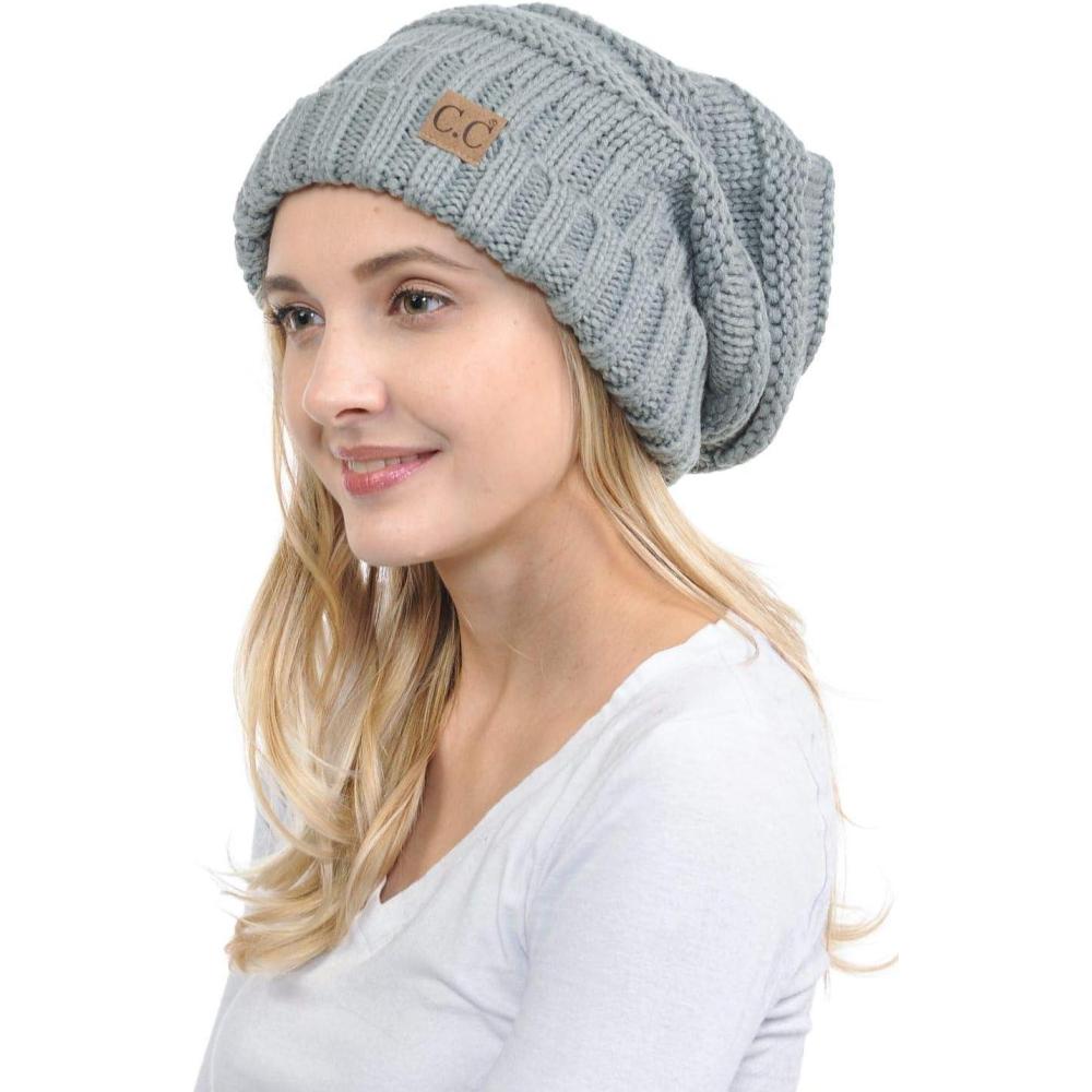 imageCC Hat100 Oversized Baggy Slouch Thick Warm Cap Hat Skully Cable Knit BeanieNatural Grey