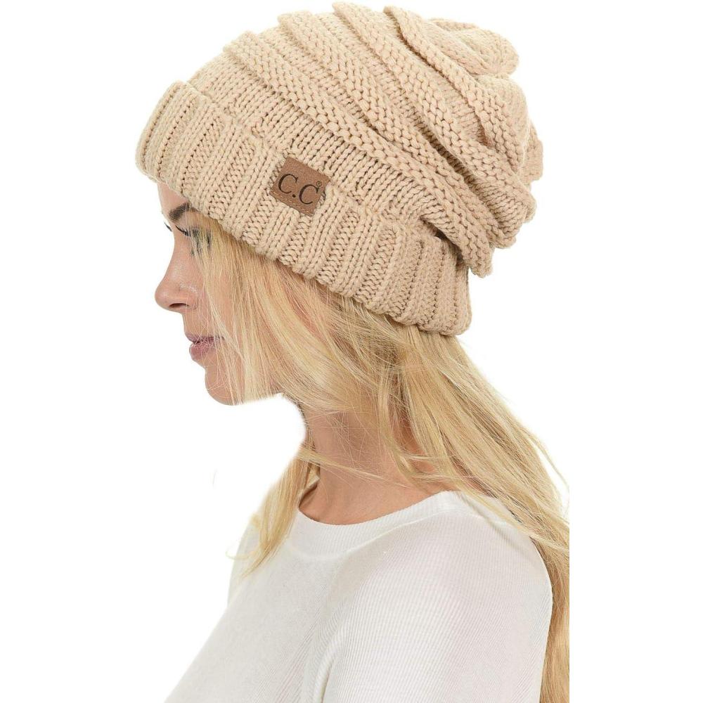 imageCC Hat100 Oversized Baggy Slouch Thick Warm Cap Hat Skully Cable Knit BeanieNew Beige
