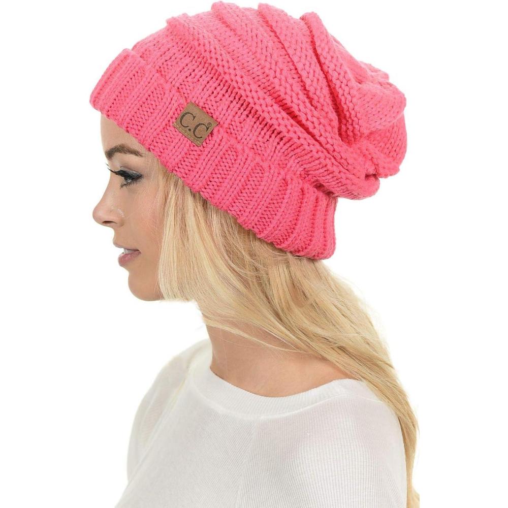 imageCC Hat100 Oversized Baggy Slouch Thick Warm Cap Hat Skully Cable Knit BeanieNew Candy Pink