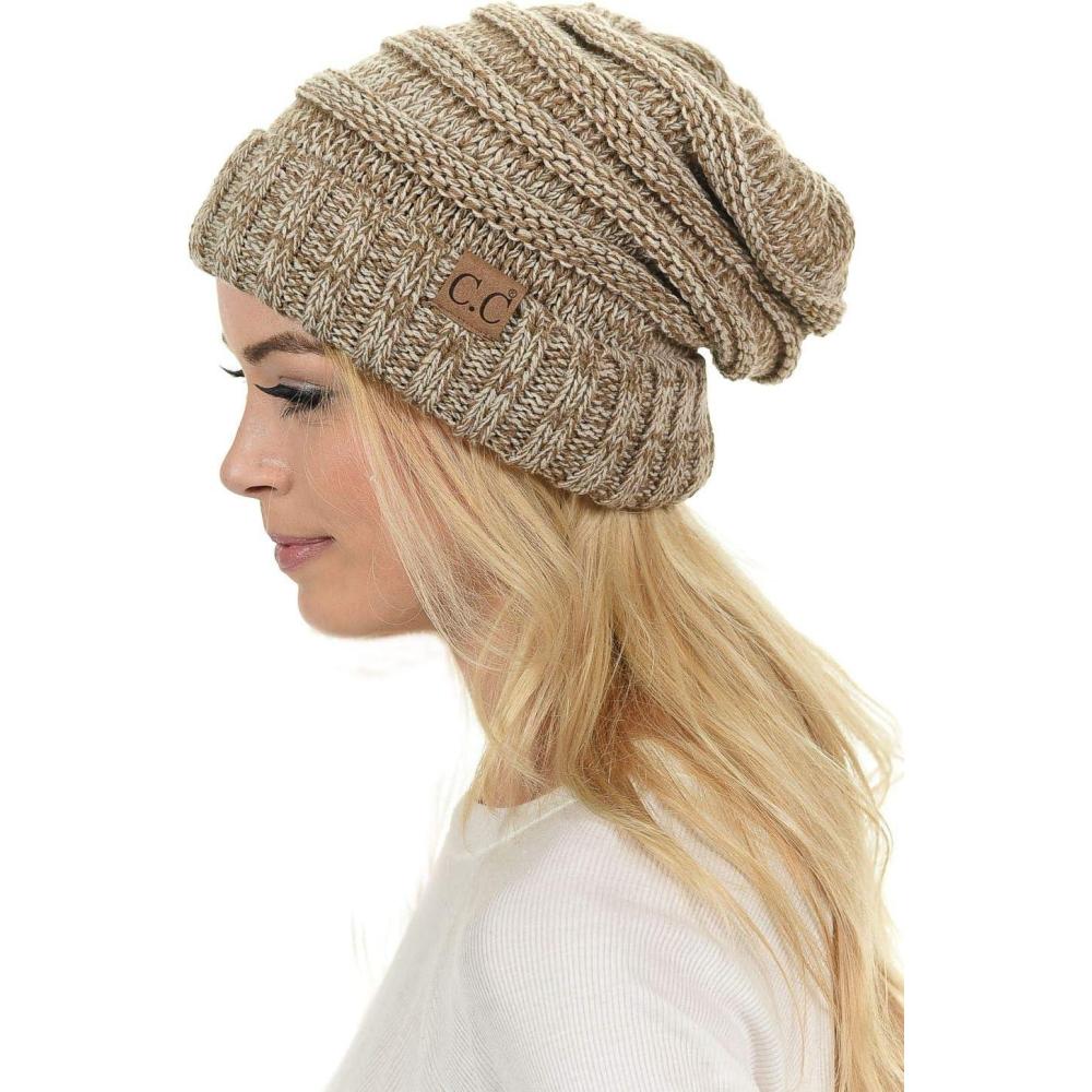 imageCC Hat100 Oversized Baggy Slouch Thick Warm Cap Hat Skully Cable Knit BeanieTaupe Mix