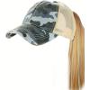 imageCC Ponycap Messy High Bun Ponytail Adjustable Mesh Trucker Baseball Cap HatCamo Blue