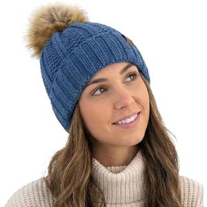 imageCC Beanie Womens Cozy Chenille Pom Hat  Warm Fashionable Soft Touch Winter BeanieDark Denim Blue