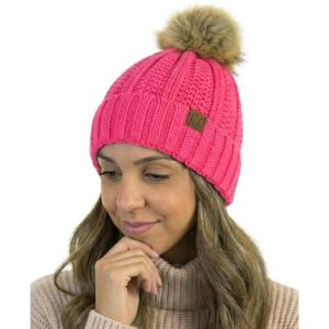 imageCC Beanie Womens Cozy Chenille Pom Hat  Warm Fashionable Soft Touch Winter BeanieHot Pink