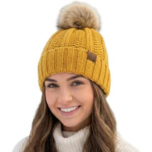 imageCC Beanie Womens Cozy Chenille Pom Hat  Warm Fashionable Soft Touch Winter BeanieMustard