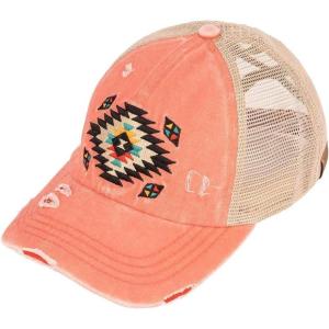 imageCC Ponycap Messy High Bun Ponytail Adjustable Mesh Trucker Baseball Cap HatAztec Coral