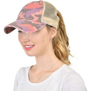 imageCC Ponycap Messy High Bun Ponytail Adjustable Mesh Trucker Baseball Cap HatCamo Coral