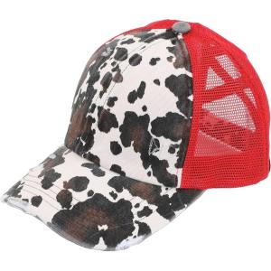 imageCC Ponycap Messy High Bun Ponytail Adjustable Mesh Trucker Baseball Cap HatCow Print  Red