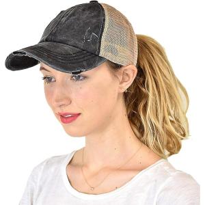 imageCC Ponycap Messy High Bun Ponytail Adjustable Mesh Trucker Baseball Cap HatCriss Cross Mesh BlackBeige
