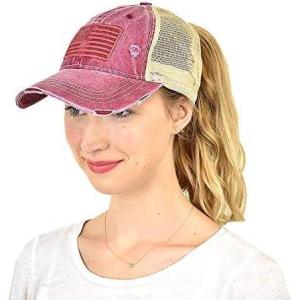 imageCC Ponycap Messy High Bun Ponytail Adjustable Mesh Trucker Baseball Cap HatCriss Cross Mesh Flag Berry