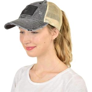 imageCC Ponycap Messy High Bun Ponytail Adjustable Mesh Trucker Baseball Cap HatCriss Cross Mesh Flag Black