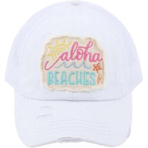 imageCC Ponycap Messy High Bun Ponytail Adjustable Mesh Trucker Baseball Cap HatCriss Cross Patch Aloha Beaches  White