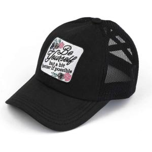 imageCC Ponycap Messy High Bun Ponytail Adjustable Mesh Trucker Baseball Cap HatCriss Cross Patch Be Yourself  Black