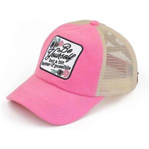 imageCC Ponycap Messy High Bun Ponytail Adjustable Mesh Trucker Baseball Cap HatCriss Cross Patch Be Yourself  Pink