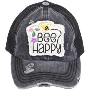imageCC Ponycap Messy High Bun Ponytail Adjustable Mesh Trucker Baseball Cap HatCriss Cross Patch Bee Happy  Black