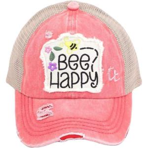 imageCC Ponycap Messy High Bun Ponytail Adjustable Mesh Trucker Baseball Cap HatCriss Cross Patch Bee Happy  Coral