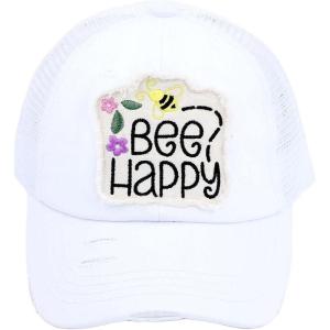 imageCC Ponycap Messy High Bun Ponytail Adjustable Mesh Trucker Baseball Cap HatCriss Cross Patch Bee Happy  White