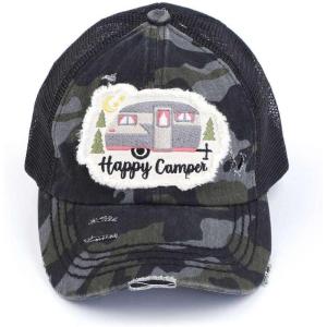 imageCC Ponycap Messy High Bun Ponytail Adjustable Mesh Trucker Baseball Cap HatCriss Cross Patch Happy Camper  Black Camo