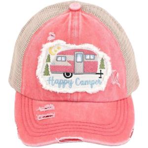 imageCC Ponycap Messy High Bun Ponytail Adjustable Mesh Trucker Baseball Cap HatCriss Cross Patch Happy Camper  Coral
