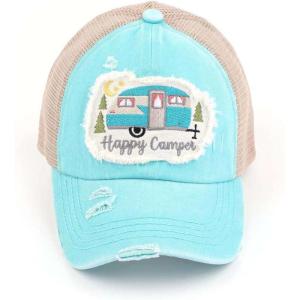 imageCC Ponycap Messy High Bun Ponytail Adjustable Mesh Trucker Baseball Cap HatCriss Cross Patch Happy Camper  Mint