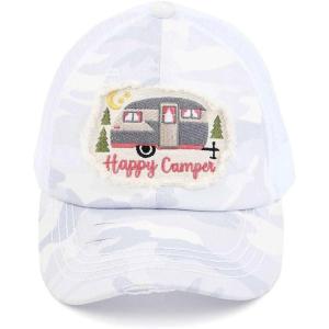 imageCC Ponycap Messy High Bun Ponytail Adjustable Mesh Trucker Baseball Cap HatCriss Cross Patch Happy Camper  White Camo
