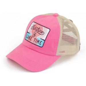 imageCC Ponycap Messy High Bun Ponytail Adjustable Mesh Trucker Baseball Cap HatCriss Cross Patch Lake Time  Pink