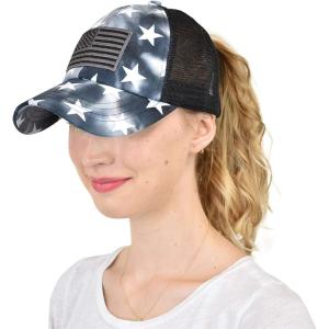imageCC Ponycap Messy High Bun Ponytail Adjustable Mesh Trucker Baseball Cap HatCriss Cross Stars and Flag  Black