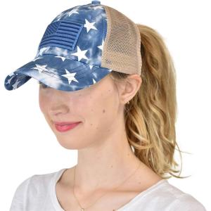 imageCC Ponycap Messy High Bun Ponytail Adjustable Mesh Trucker Baseball Cap HatCriss Cross Stars and Flag  Navy