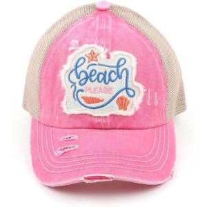 imageCC Ponycap Messy High Bun Ponytail Adjustable Mesh Trucker Baseball Cap HatDistressed Beach Please  Pink