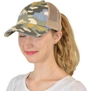 imageCC Ponycap Messy High Bun Ponytail Adjustable Mesh Trucker Baseball Cap HatDistressed Camo Beige