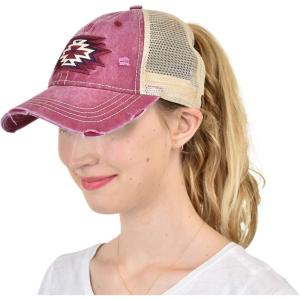 imageCC Ponycap Messy High Bun Ponytail Adjustable Mesh Trucker Baseball Cap HatDistressed Patch  Burgundy
