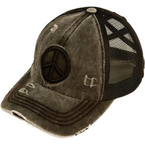 imageCC Ponycap Messy High Bun Ponytail Adjustable Mesh Trucker Baseball Cap HatDistressed Peace Sign Black