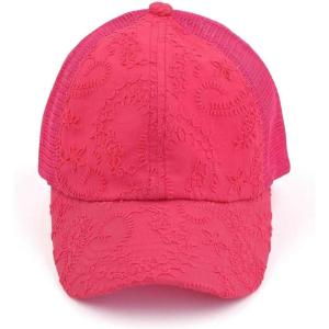 imageCC Ponycap Messy High Bun Ponytail Adjustable Mesh Trucker Baseball Cap HatEmbroidered Stitich Hot Pink