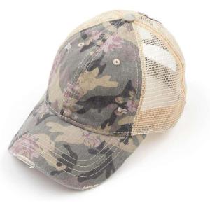imageCC Ponycap Messy High Bun Ponytail Adjustable Mesh Trucker Baseball Cap HatFloral Camo Beige