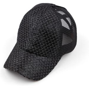imageCC Ponycap Messy High Bun Ponytail Adjustable Mesh Trucker Baseball Cap HatGlitter Net Black
