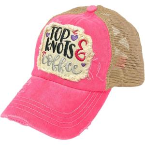 imageCC Ponycap Messy High Bun Ponytail Adjustable Mesh Trucker Baseball Cap HatPatch Top Knots and Coffee Pink