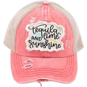 imageCC Ponycap Messy High Bun Ponytail Adjustable Mesh Trucker Baseball Cap HatTequila Lime and Sunshine  Coral