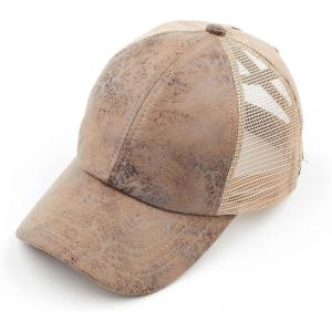 imageCC Ponycap Messy High Bun Ponytail Adjustable Mesh Trucker Baseball Cap HatVintage Faux Leather  Taupe
