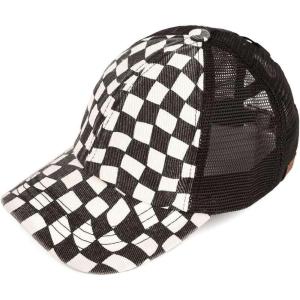 imageCC Ponycap Messy High Bun Ponytail Adjustable Mesh Trucker Baseball Cap HatWhite Checkerboard