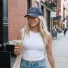 imageCC Womens CrissCross Ponytail Baseball Cap  Embroidered Cotton Front American Flag Mesh Back Adjustable VelcroUsanavy